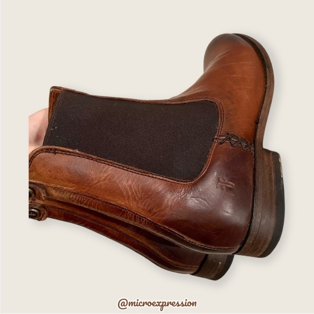 Frye Melissa Chelsea Cognac Brown Leather Comfy Low Heel Casual Short Ankle Boot - Picture 15 of 16